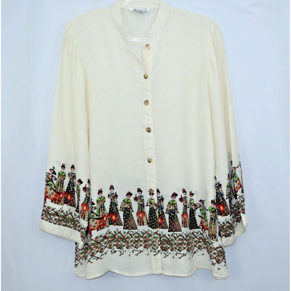 Citron Santa Monica Art to Wear Silk Bottom Blouse Motif, Cultural Graphic SZ M